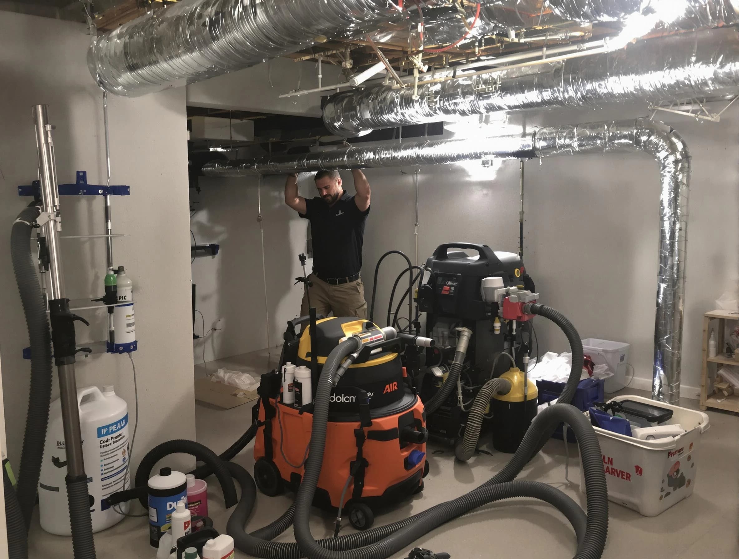 Corrales Air Duct Cleaning specialist performing professional mold removal from air ducts using safety equipment in Corrales